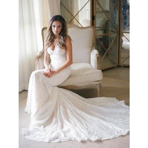 Backless Pearls Lace Wedding Dresses Bridal Gowns Mermaid Spaghetti Straps Sweep Train Elegant 2020 Spring Summer Custom Size