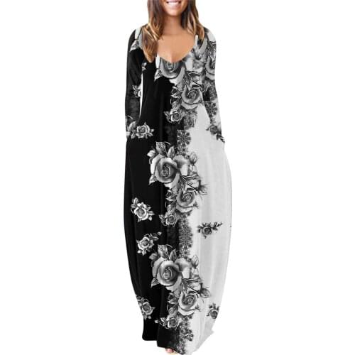 2021 Loose Floral Print Dress Women Autumn Summer V-Neck Long Sleeve Pullover Vintage Dresses Casual Draped Colorful Robe Femme