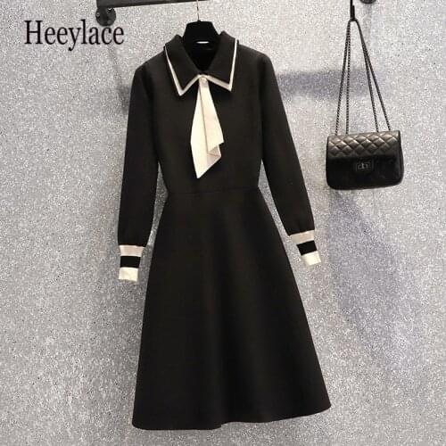 Plus Size Office Ladies Elegant Sweater Dresses Fashion Women Beaded Bow Striped Long Sleeve Knitted Dress Female Vestidos 4XL
