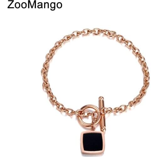 ZooMango Rose Gold Chain & Link Bracelets Bangles Jewelry Stainless Steel Square Black Shell Charms Bracelets For Women ZB18004