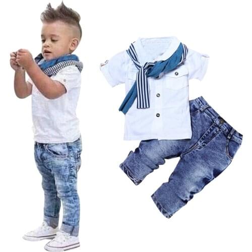 1Set Kids Baby Boys Short Sleeve Shirt T-Shirt Tops+Scarf+Jeans Trousers Three-piece Suit Clothes Outfits 2021 детская одежда L