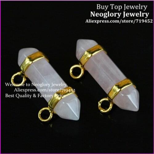 10PCS Healing Chakra Druzy Glass Stone Pendant Gold Color 2 Holes Pink Quartz Gems Hexagon Prism Bead Pendant Fit Necklace