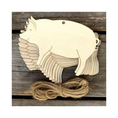 10pcs Natural Blank Wooden Pig Hanging Oraments Rustic DIY Wood wishing Tags Price Label Pendants with Hemp Rope Craft Supplies