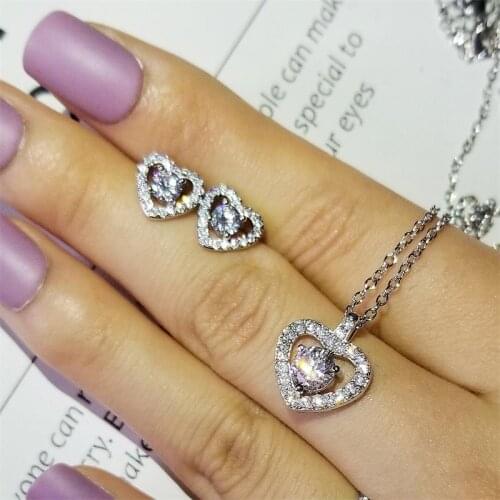 925 Sterling Silver jewelry set heart shape Stud earring Necklace pendant promise fashion Christmas gift women love J1472