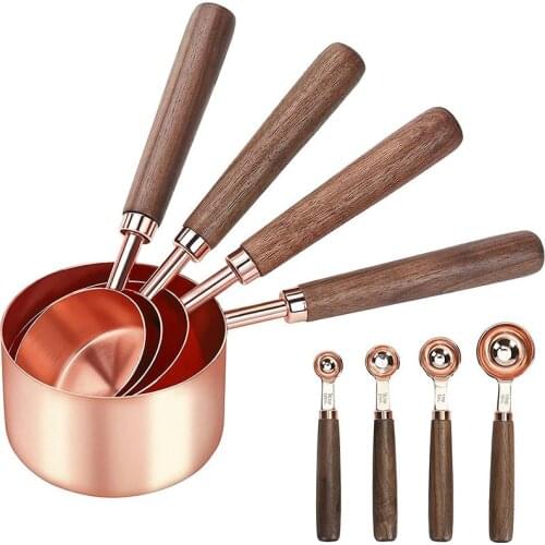 8Pcs/set Rose Gold Stainless Steel Measuring Cups and Measuring Spoon Scoop Set Wooden Handle Kitchen Measuring Tool for Baking