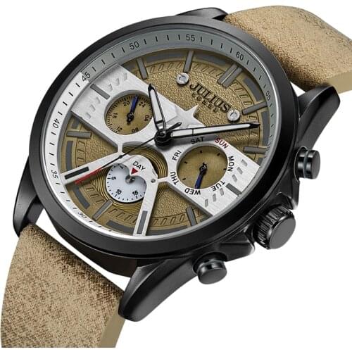 New Real Multi-function Epson Mov't Mens Watch Fashion Hours Bracelet Leather Business School Boys Birthday Gift Julius Box