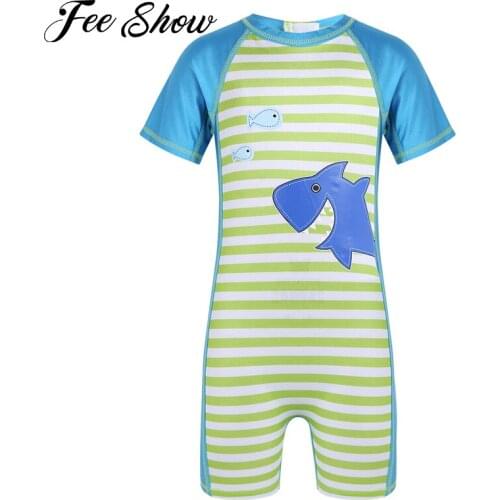 Kids Boys One-piece Shark Pattern Printed Short Sleeves Swimsuit Bathing Suit Overalls for Childrens Clothing