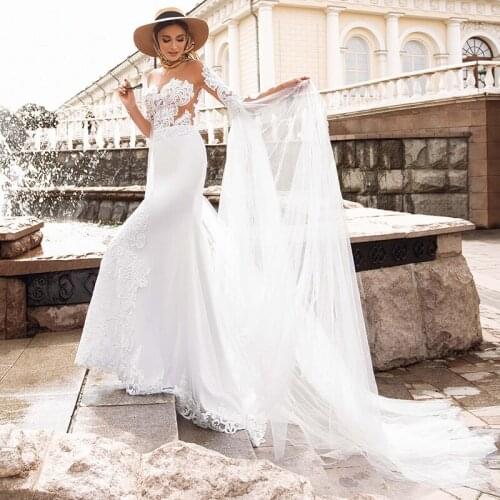 Eightale Boho Wedding Dresses 2020 Scoop Appliques Lace Mermaid Wedding Gown with Long Cape Sleeves Bridal Dress vestido bohemio