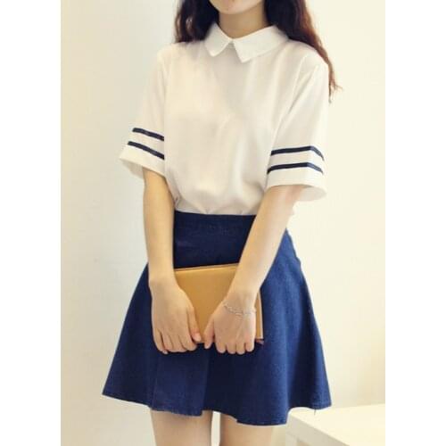 Beautiful Girl navy sailor suit school uniform set White shirt +Denim Blue skirt