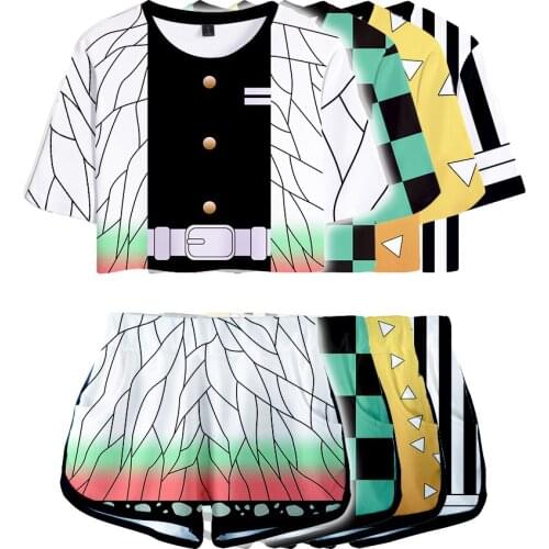Summer Exposed navel shorts and Tshirt kit Demon Slayer Cosplay Costume Kamado Tanjirou Nezuko Rengoku Kyoujurou Iguro Obanai