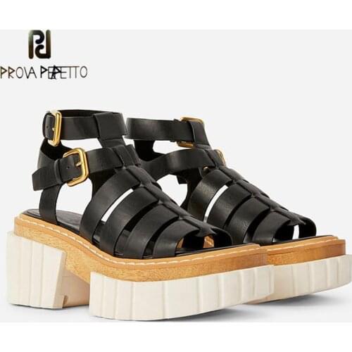Summer New Open-toed Thick Bottom Genuine Leather Hollow Trend Retro Casual All-match High-heeled Roman Sandals