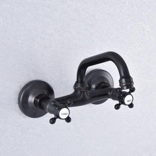 Oil Rubbed Bronze Bathroom Basin Sink Mix Tap Dual Handles Wall Mounted Kitchen Basin Sink Mixer Faucet zsf736