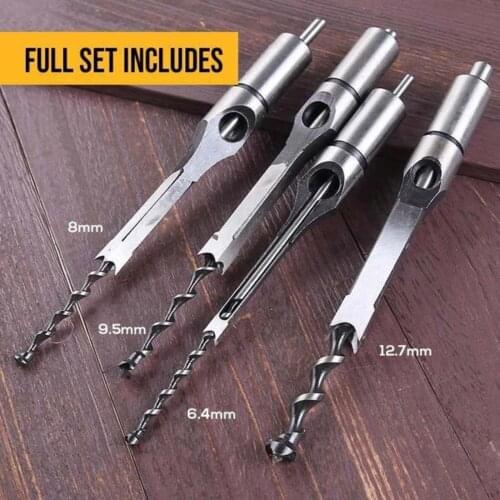 4Pcs 6.4mm/8mm/9.5mm/12.7mm Square Hole Woodworking Countersink Drill Bit Set Screw Carpentry Square Wood Chisel HighSpeed Steel
