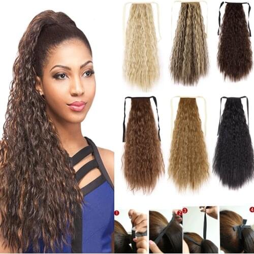 22" Corn Wave Long Ponytail Hair Extensions Synthetic Hair Ponytail Extension Ribbon Binding Tie Up Clip In Ponytails Hairpiece