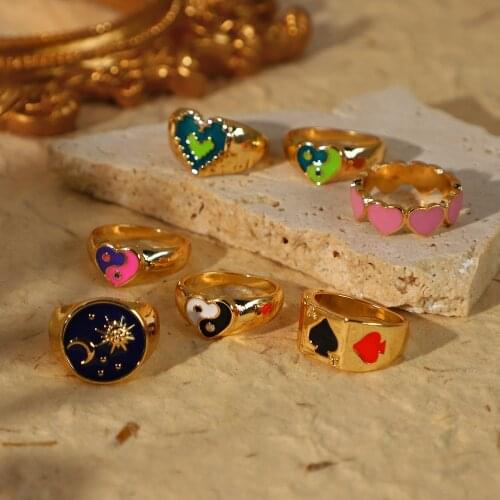 New Ins Creative Colorful Tai Chi Ring Simple Vintage Metal Drop Oil Moon Sun Heart Ring For Women Girls Fashion Jewelry Gift