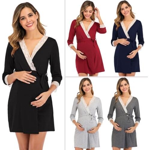 Maternity Clothes European And American Fashion Lace Stitching Three-quarter Sleeve Pregnant Dress Robe Pajamas Elegant Dress