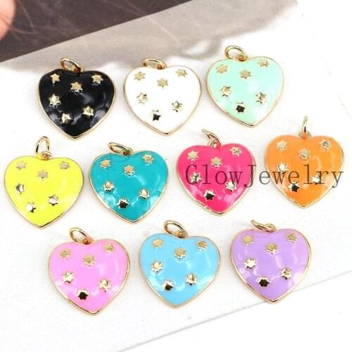 10Pcs,Wholesale Enamel Colorful Stars On Heart Charm Pendant, Gold Filled Enamel Charm,Enamel Jewelry Findings