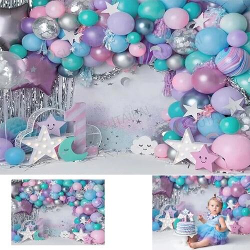 Child Cake Smash Birthday Backdrop for Photo Studio Star Cloud Balloons Wall Newborn Baby Portrait Background Photography Props
