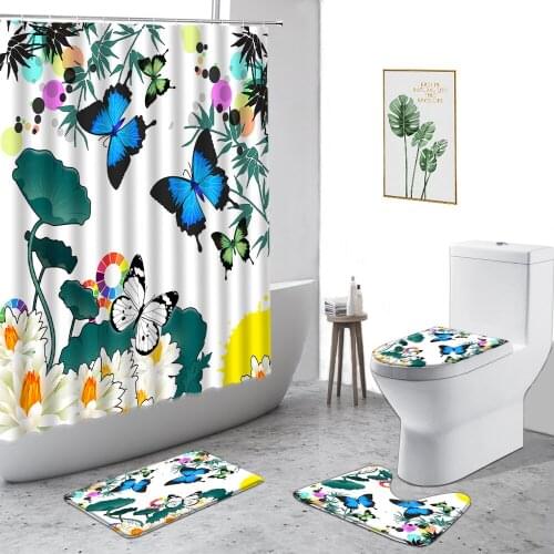 Hand-Painted Blue Butterfly Flower Shower Curtain Lotus Sunflower Green Plant Bathroom Set Non-Slip Carpet Toilet Cover Door Mat