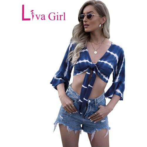 LIVA GIRL Sexy Seven-Point Drop Shoulders Lotus Leaf Sleeve Tie-dye Printed Tops Women Navel Bow Tie Clothes Oversize T Shirt