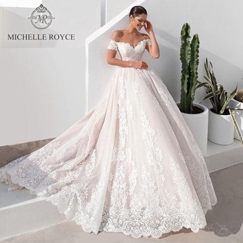 Michelle Royce Ball Gown Wedding Dresses 2020 Sweetheart Off the Shoulder Short Sleeve Button Chapel Train Vestido De Noiva