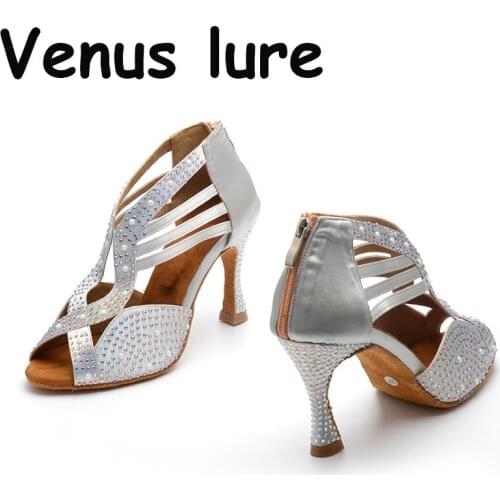 Latin Dance Shoes Women Big Small Rhinestone Salsa Party Wedding Ballroom Dancing Shoes Bronze Black Silver High Heel