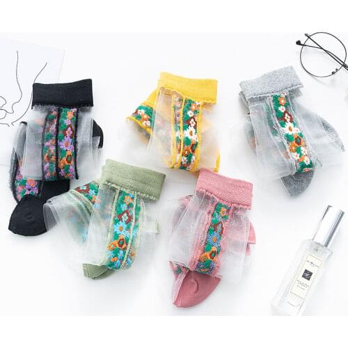 Japanese Vintage Floral glass Cass socks transparent crystal socks middle tube socks womens super thin cotton bottom socks tren