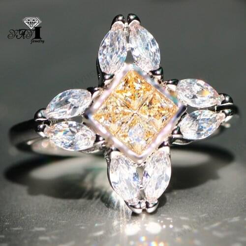 YaYI Jewelry Fashion Princess Cut Prong Setting Yellow Cubic Zirconia Silver Color Engagement Wedding Party Leaves Gift Rings