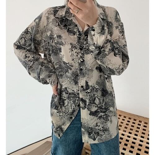 Long Sleeve Spring Summer 2021 New Korean Vintage Loose Flower Print Chiffon Shirt Vintage Elegant blusa Women Tops 990B