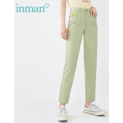 INMAN Green Causal Cropped Pant Pocket Tag Pattern Beige Casual Style Fit Shape Summer Comfortable Cotton Bottom Trousers