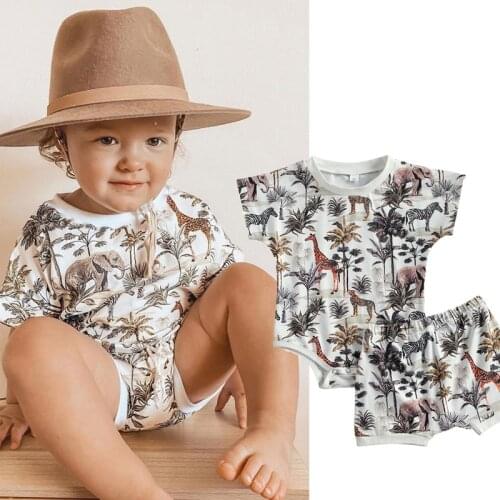 2020-12-16 Lioraitiin 0-3T Toddler Baby Girl Clothes Sets Animal Cartoon Print Short Sleeve Romper Tops+Trousers Shorts 2pcs