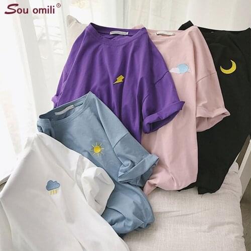 Cute Cartoon Embroidery Loose all-match T shirt Summer Short Sleeve Simple T-shirts Women harajuku Kawaii Candy Colors Tshirt