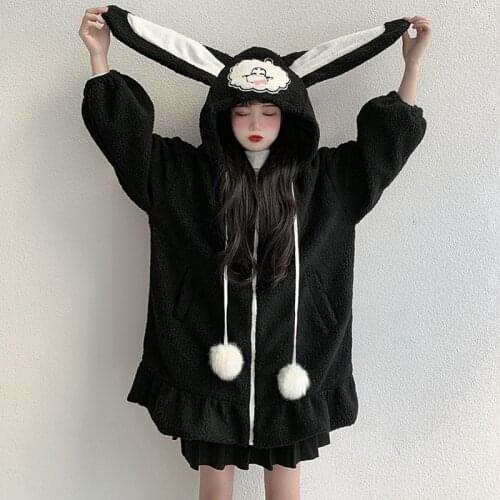 Zip-Up Kawaii Cute Lolita Coat Soft Girl Winter Woolen Jacket Women Rabbit Ears Bat Long Sleeve Black Plush Hooded Coat Female