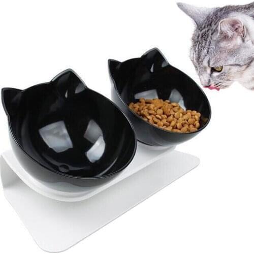 Non-Slip Double Cat Bowl Plastic Black Tilting Raised Pet Bowl Dog Water Bowl With Stand Kitten Food Feeding Bowls Pet Supplies