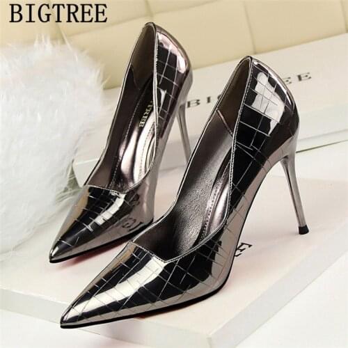 New Arrival 2020 Gold Shoes Patent Leather Silver Heels Bigtree Shoes Stiletto Office Shoes Women Fetish High Heels Ayakkabi