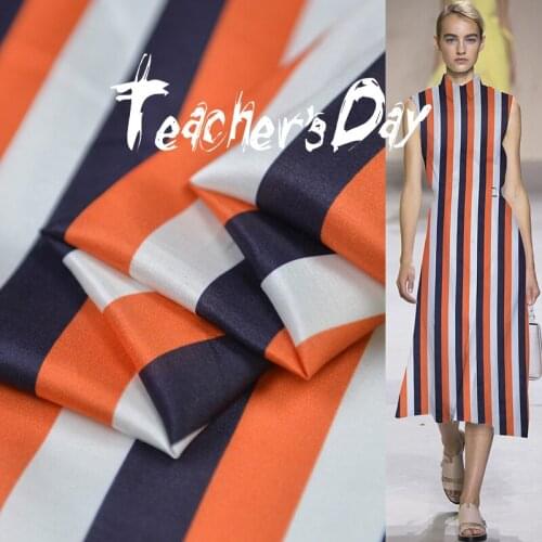 Orange Blue Parallel Stripe Printed Silk Cotton Satin Fabric 55%silk 45%cotton