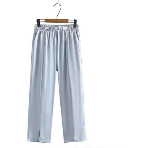 Plus Size XL-4XL Womens Straight Long Pants Elastic Waist Simple OL Pants with High Slits