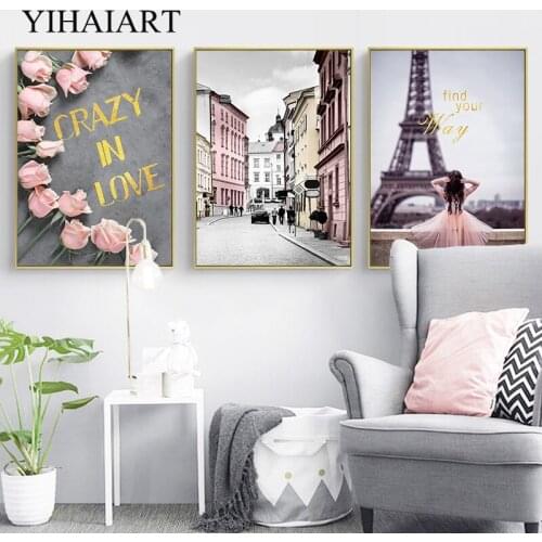 Nordic Architecture Landscape Wall Art Canvas Paris Tower Prints Painting Modern Living Room Decoration Pink Rose Picture