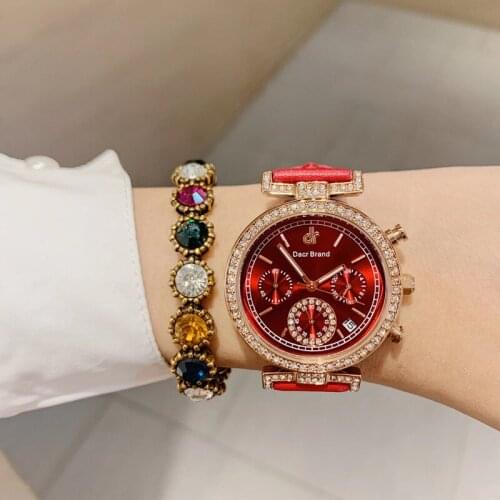 Tempting Shinning Full Red Watches for Women Workable Sub-dial Calendar Wrist watch Waterproof Real Leather Crystal Watch Quartz