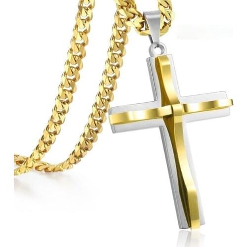 New Retro Punk Rock Hip Hop Gold Plated Black Cross Pendant Womens Necklace Retro Double Stainless Steel Jesus Mens Necklace