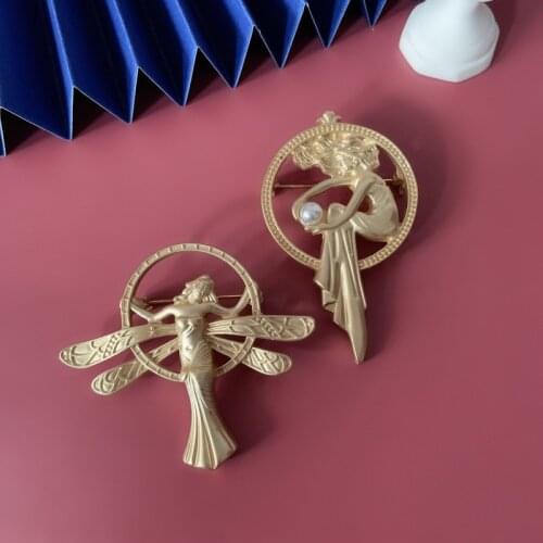 Baroque Vintage Matte Gold Color Angel Alloy Pearl Brooch Badge Pin For Coat Suit Shirt Collar Decoration Accessories Gifts