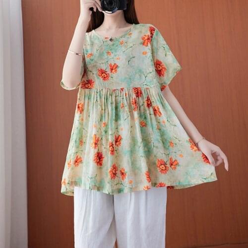 Thin Soft Cotton Linen Loose Summer T Shirts Print Floral Vintage tshirt 2021 New Arrival All-match Women Casual T Shirt Tees