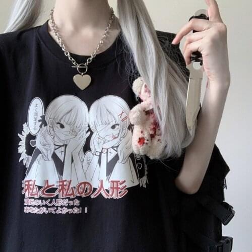 Summer Clothes Short Sleeve Women T-Shirt Anime Cartoon Sweet Print Top Cotton Loose Black Hip Hop Vintage Hip Hop Y2K Vintage