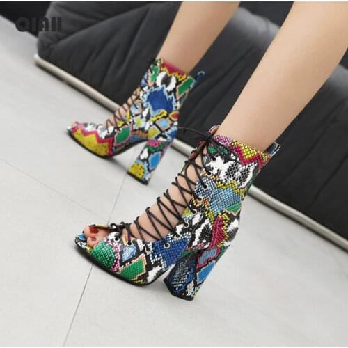 Snake Print PU Women Ankle Boots Lace Up Peep Toe Footwear Thick High Heels Female Boot Party Shoes Women 2020 Spring Summer