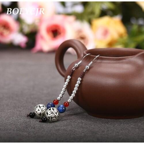BOEYCJR Braided Rope Stone Silver Color Bead Drop Earrings Handmade Ethnic Earrings Fashion Jewelry Dangle Earrings for Women