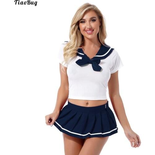 4Pcs Women Schoolgirl Lingerie Set Cosplay Uniform Suit Lapel Collar Short Sleeves Top With Pleated Skirt Tie And G-String Brief