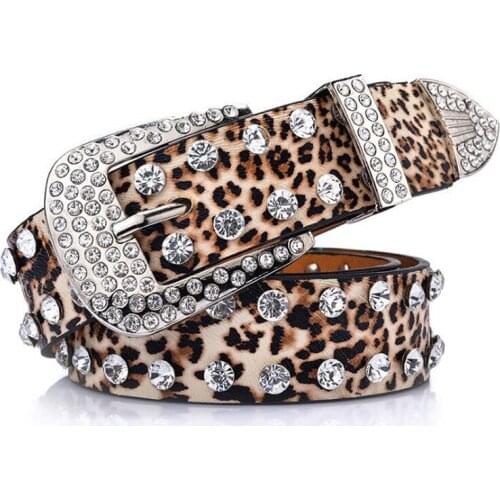 Diamond Women Belt Faux leather luxury shining rhinestone belts for women female Quality strap Leopard classic belt