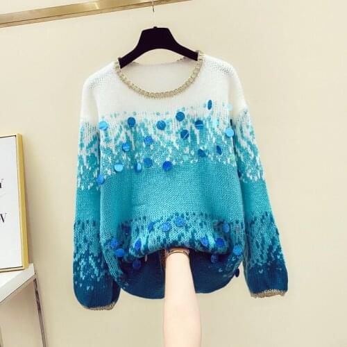 Knitted Blue Sequined Women Sweater Pullovers O-Neck Long-Sleeved Loose Female Pulls Outwear Tops