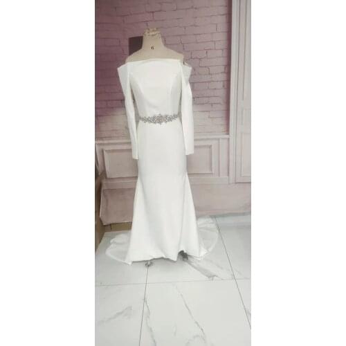 Long Sleeve Satin Wedding Dresses with Beaded Belt Mermaid Floor Length Boat Neck Sweep Train Maxi Bridal Gowns for Women