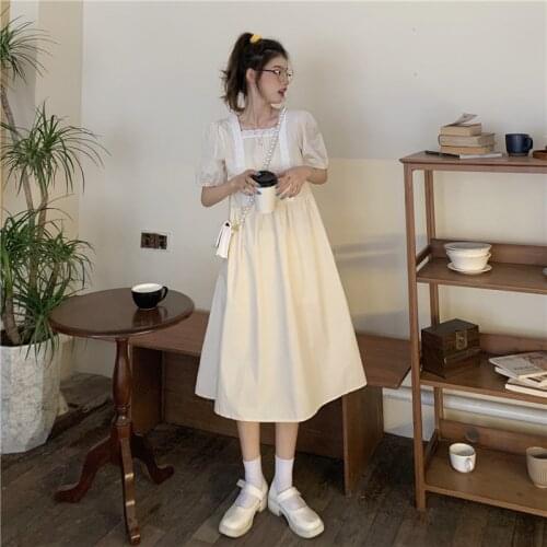 Ladies Dress Stitching Lace Square Neck Short Sleeve Dress Women Summer New Style Skirt Korean High Waist Mid-length Skirt